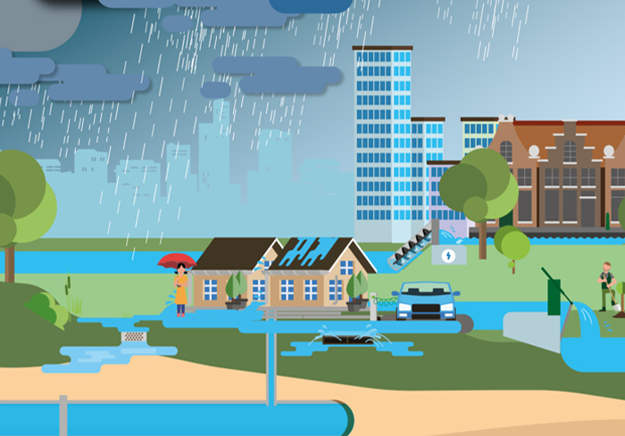 Illustratie van een stad bij hevige regenval. Met straten die op het punt staan onder te lopen. Beeld bij presentatie klimaatadaptatie